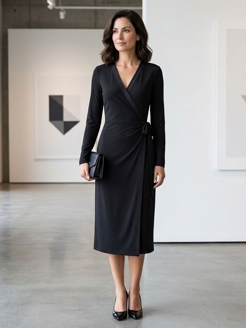 Lark & Ro Black Long-Sleeve V-Neck Midi Length Wrap Dress size M.